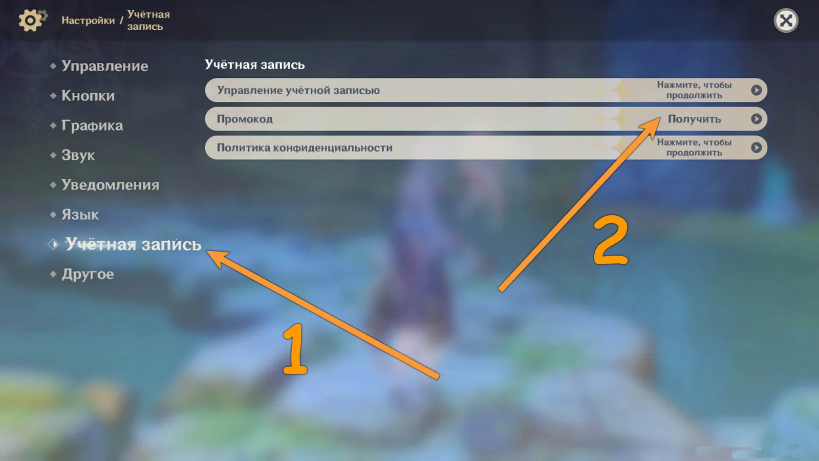 Genshin Impact: Настройки → Учётная запись → Промокод → Получить (русский интерфейс)